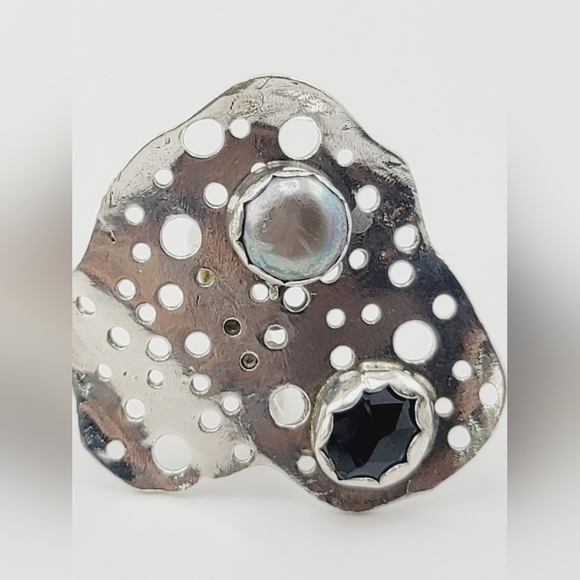 ONYX & PERAL ABSTRACT DESIGN RING HANDMADE IN STERLING SILVER METAL SIZE 8.5 - Picture 5 of 6